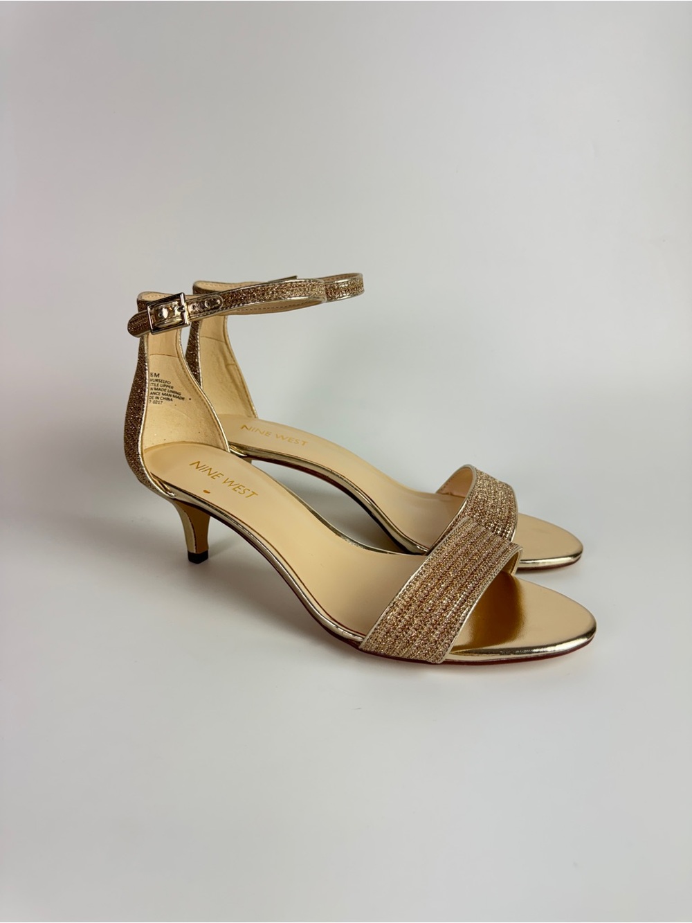 Nine West Metallic Gold Ankle Strap Kitten Heels